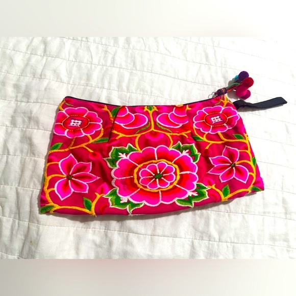 Handbags - Floral Embroidered Clutch with Pom Poms